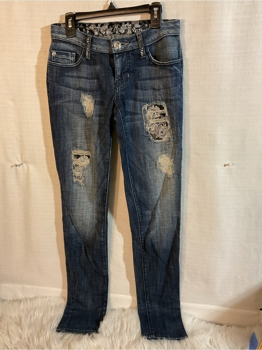 guess by marciano Distressed Dark Blue Women's Jeans with Lace Patch